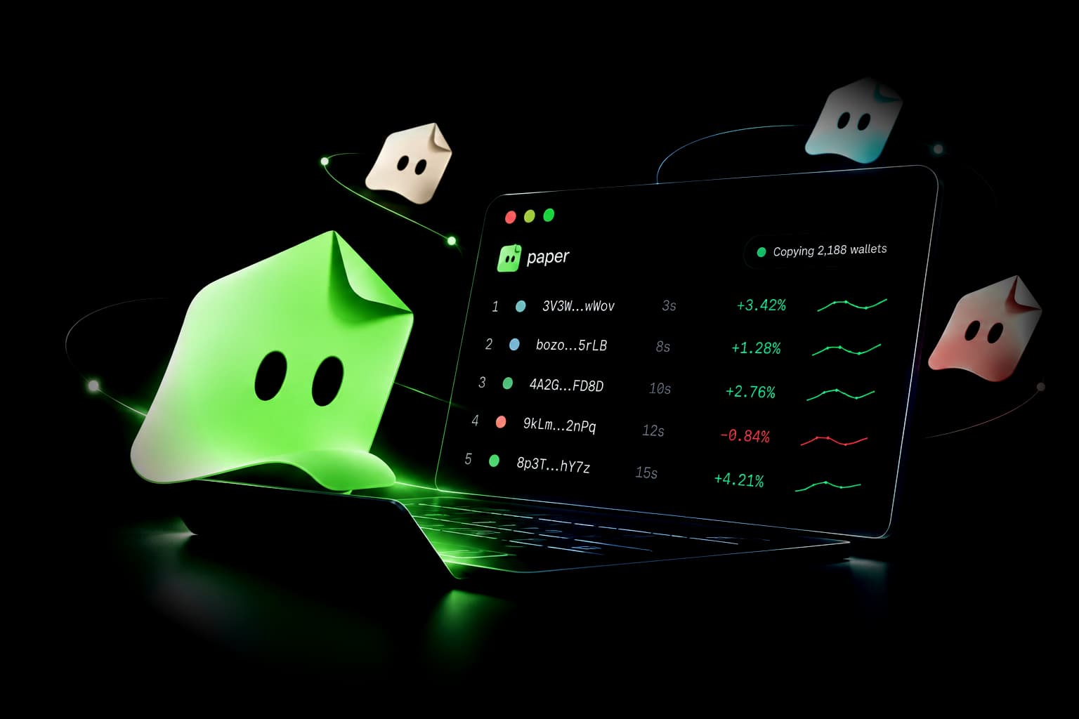 The usepaper.fun ghost next to a laptop showing ranked wallets and their copy results