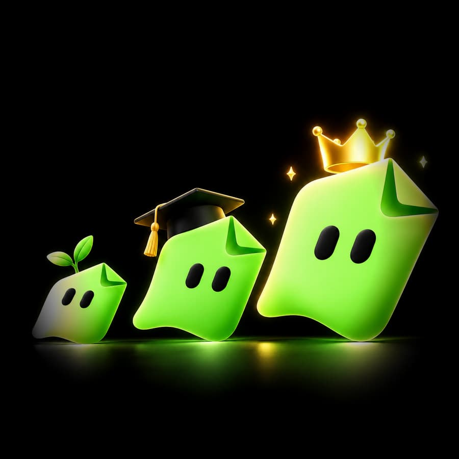 Three usepaper.fun ghosts growing from a sprout to a graduate to a crowned king